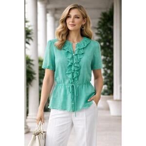 Elie Tahari Bright Green Delicate Knit Ruffle Blouse Lightweight Feminine XL